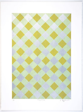"Diagonal Grid", 2014. Relief print with chine collé. Image size: 20" x 14", sheet size: 25" x 19". Edition of 10.
