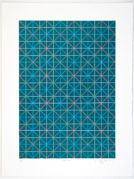 "Blue Grid", 2014. Relief print with chine collé. Image size: 20" x 14", sheet size: 25" x 19". Edition of 10.