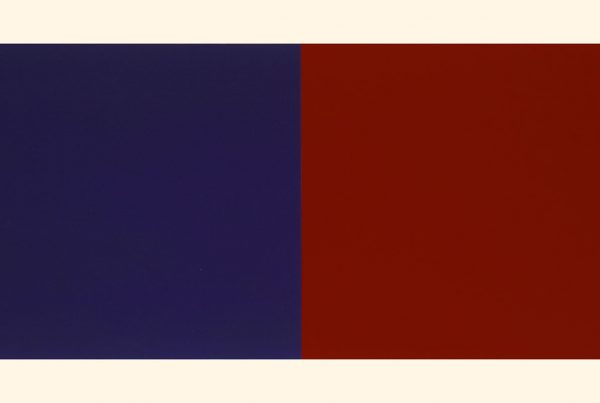 "Rivers & Mountains/7, Blue/Red Violet", 2019. Painted paper multiple, 14" x 41". Edition of 6.