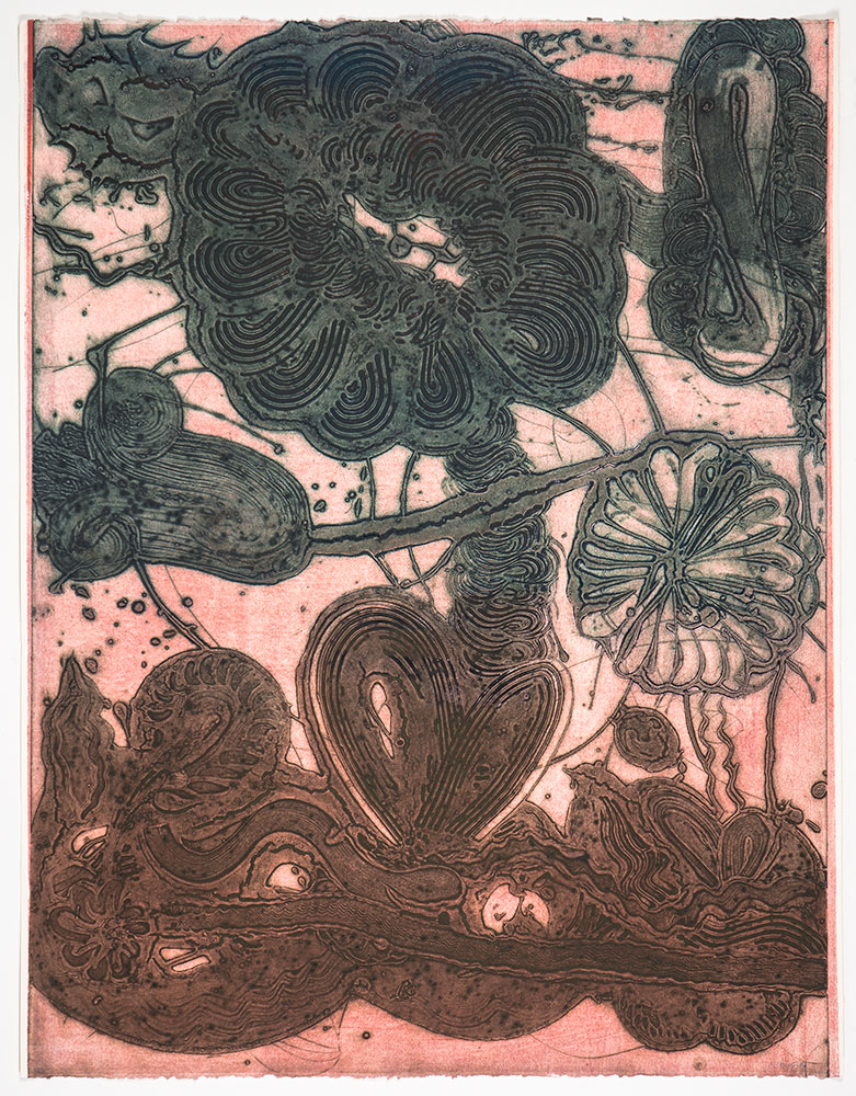 Manneken Press in NYC. Garden "(Daisy, Pheasant, Green on Rose)", 2019. Unique collagraph, 42 1/2" x 33". Published by Manneken Press