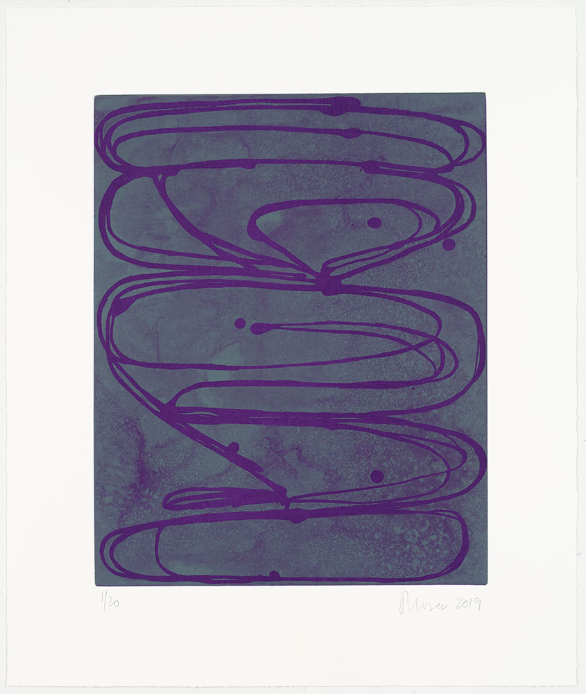 Jill Moser: "Violets", 2019. Aquatint, edition of 20. Image: 17" x 14", sheet: 23 1/2" x 20". From the "Chroma Six" series of aquatints. Published by Manneken Press.