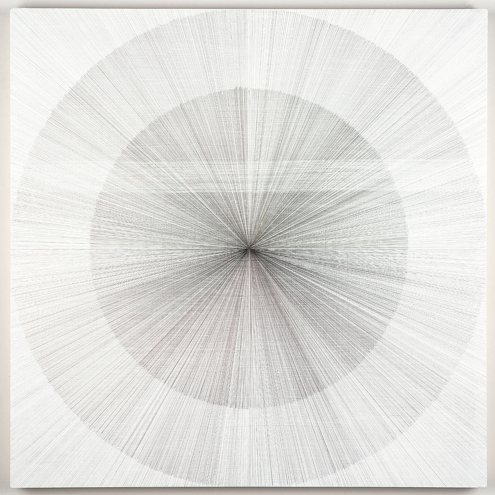 Jonathan Higgins: "Untitled 1 (white)", 2019. Silver and copper on white acrylic ground on panel. 30" x 30" x 2"