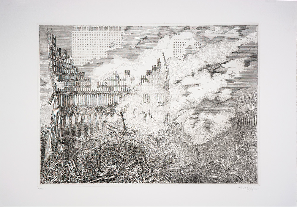 Chris Clarke: "Untitled (WTC)", 2002. Etching