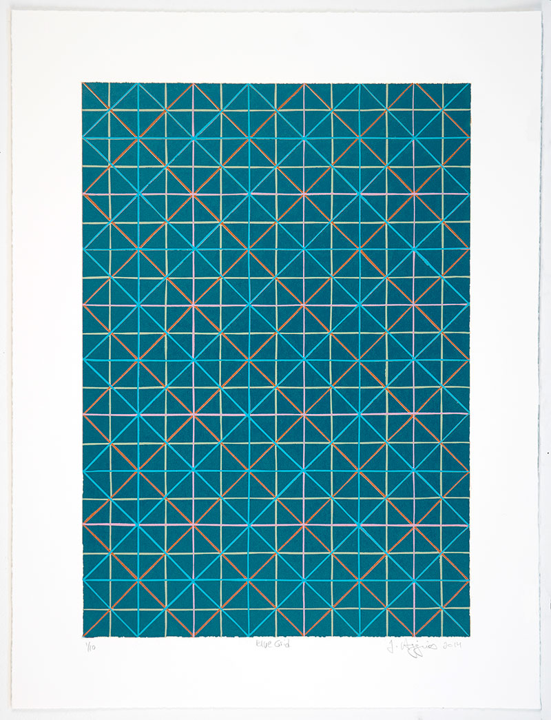 Jonathan Higgins: "Blue Grid", 2014. Reduction linocut.
