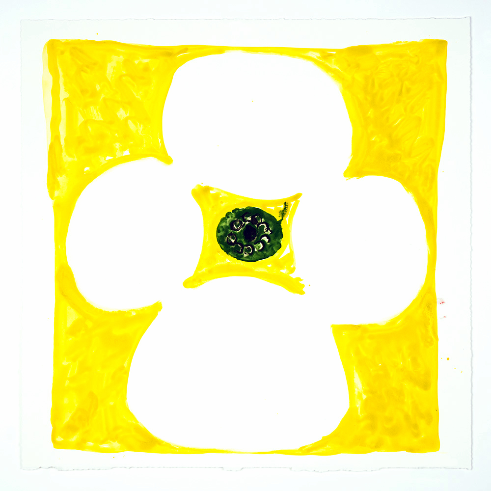 Judy Ledgerwood: "Inner Vision: Yellow + White + Olive", 2020. Monotype, 16" x 16". Published by Manneken Press.