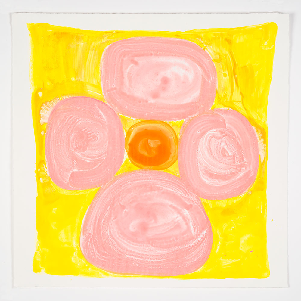 Judy Ledgerwood: "Inner Vision: Pink + Yellow + Orange", 2020. Monotype, 16" x 16". Published by Manneken Press.