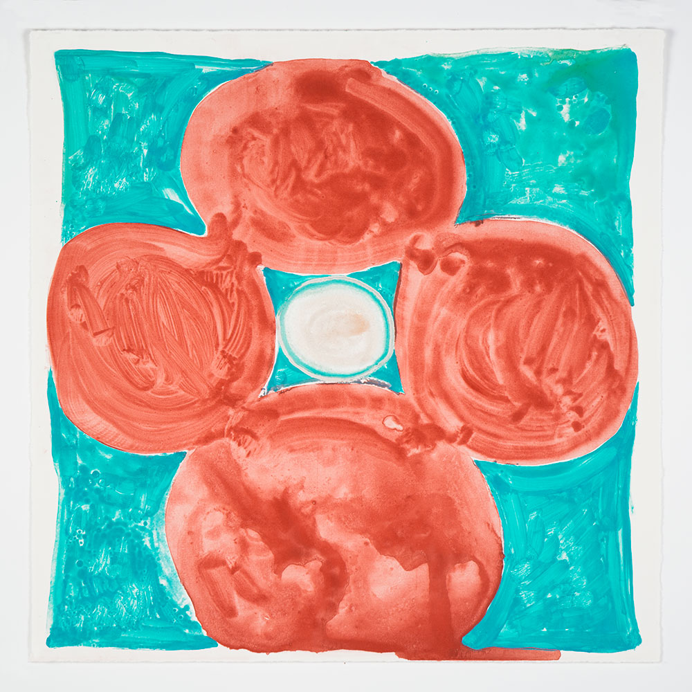 Judy Ledgerwood: "Inner Vision: Red + Horizon Blue", 2020. Monotype, 16" x 16". Published by Manneken Press.