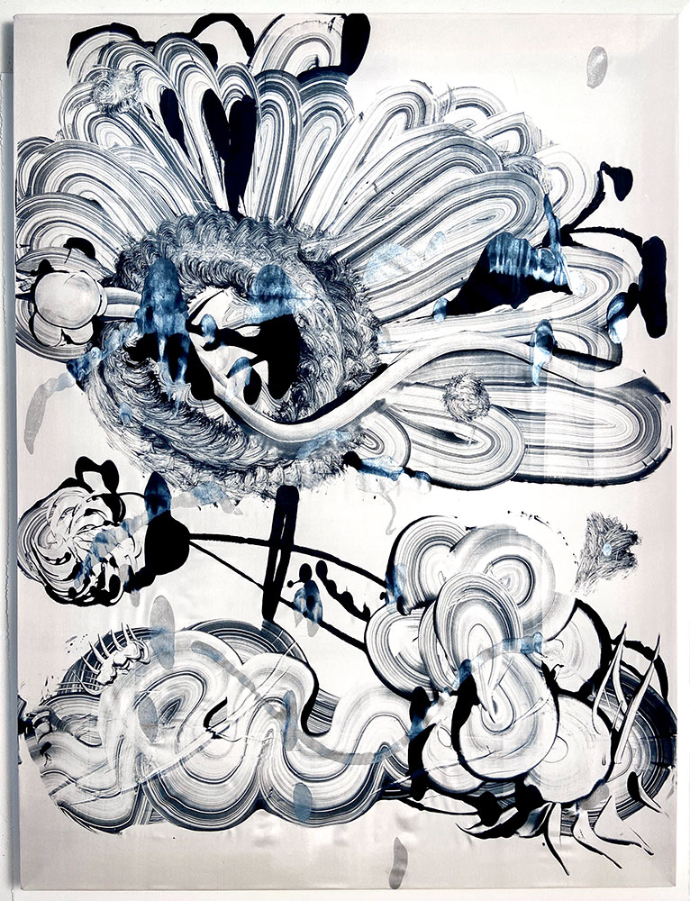 Catherine Howe: "Black Garden no. 5", 2021. Monotype: acrylic and mica pigment on Habotai silk, wood stretcher bars