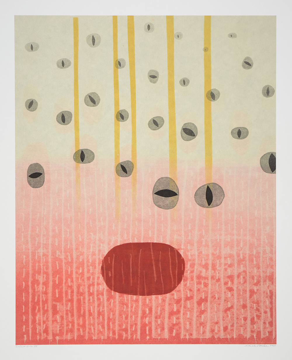 Sarah Smelser: "Infinite Guile XX", 2023. Monotype, chine collé. Image: 20" x 16", paper: 25" x 20"