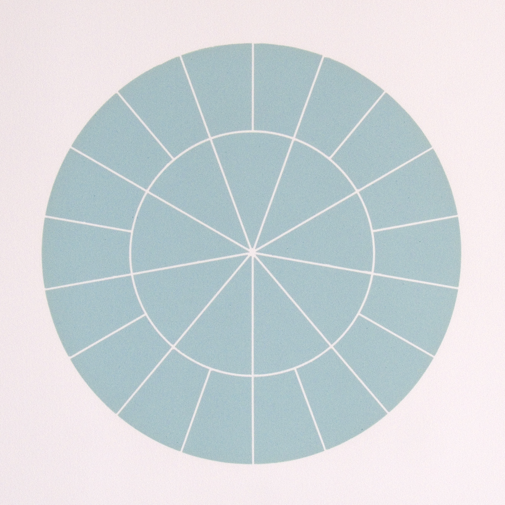 Rupert Deese: "Array 350/Blue-Green", 2006. Woodcut on Arches Cover paper. 350 mm diameter/19" x 19", edition of 20.