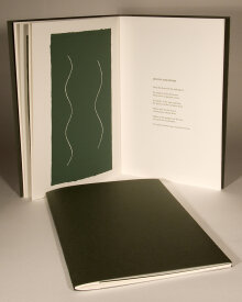 "Surf Music", 2000. Artist's book: letterpress and silkscreen. Nine poems by R. Sam Deese, nine serigraphs by Rupert Deese. A single signature book, printed on Fabriano Artistico paper, hand-sewn with linen thread in a folded, dark-green cover debossed with the title. Signed and numbered by the poet and the artist in pencil. Edition of 200. 12” x 8”. 12 pages.