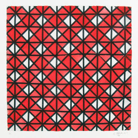 "Black, White & Red ll", 2014. Direct gravure with watercolor, edition of 14. Image: 16" x 16", paper: 20" x 20".