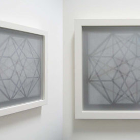 "Contained Element #2", 2009. Woodcut on gray Roma paper and nylon mesh, mounted between non-glare glass, framed. edition of 5. 21" x 21".