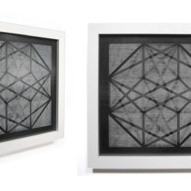 "Contained Element #1", 2009. Woodcut on black Yatsuo paper and black nylon mesh, mounted between non-glare glass, framed. edition of 5. 21" x 21".