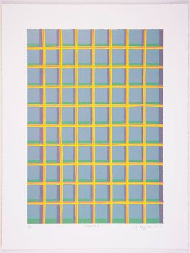 "Yellow Grid", 2014. Relief print with chine collé. Image size: 20" x 14", sheet size: 25" x 19". Edition of 10.