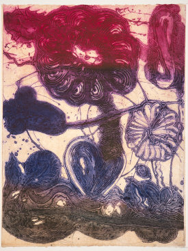 "Garden (daisy, magenta, violet, pheasant)", 2019. Unique collagraph and relief print, 42 1/2" x 33".