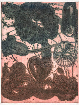 "Garden (daisy, pheasant, green on rose)", 2019. Unique collagraph and relief print, 42 1/2" x 33".