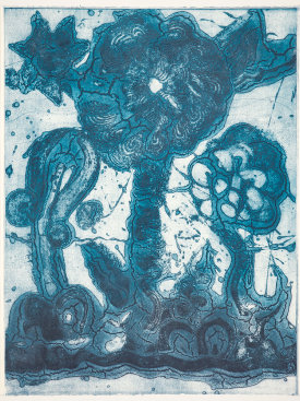 "Garden (thalo blue, green, light blue)", 2019. Unique collagraph and relief print, 42 1/2" x 33".