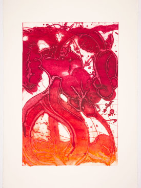"Bouquet (mum, blood orange, rose), 2019. Unique collagraph, 44" x 30 1/2".