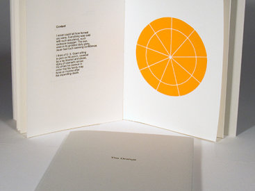"The Orange", 2006. Artist's book: letterpress and woodcut. Nine Poems by Todd Young, three woodcuts by Rupert Deese. A single signature book, hand-sewn with linen thread in a folded, Rives BFK Gray cover with printed title. Signed and numbered by the poet and the artist in pencil. Edition of 50. 7 ⅜" x 5 ¾". 14 pages.