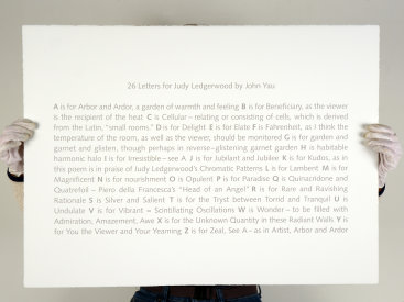 Deluxe edition portfolio: “Chromatic Patterns After the Graham Foundation”, 2014 (poem detail). John Yau’s poem, “26 Letters for Judy Ledgerwood”, is silkscreened in silver ink. Poem and prints are 22″ x 30″.