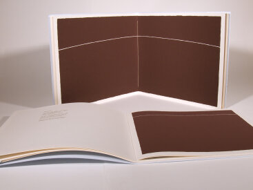 "The Center of the Lake", 2000. Artist's book: letterpress and silkscreen. Nine poems by Todd Young, ten images by Rupert Deese. A single signature book, printed on Stonehenge paper, hand-sewn with linen thread in a folded, pale blue cover debossed with the title. Signed and numbered by the poet and the artist in pencil. Edition of 200. 10 ¾" x 12 ⅛". 14 pages.