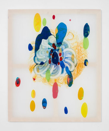 Catherine Howe: "Tantric Flower no.2", 2020. Monotype on Habotai silk, wood stretcher, canvas backing. 36" x 30" x 1.5".