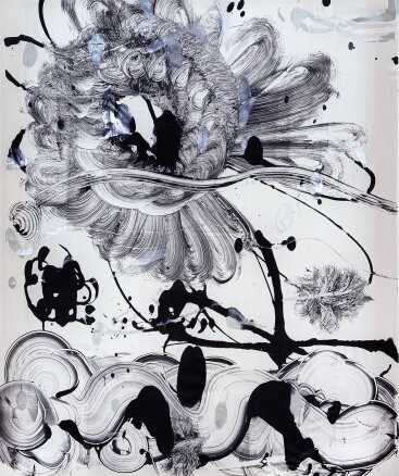 Catherine Howe: "Black Garden No. 15", 2021. Monotype: acrylic and mica pigment on Habotai silk, stretched on wood stretcher bars. 48" x 36".