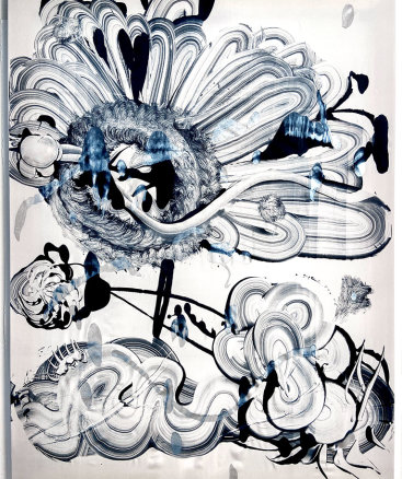 "Black Garden no. 5", 2021. 48"x36". Monotype: acrylic and mica pigment on Habotai silk, stretched on wood stretcher bars