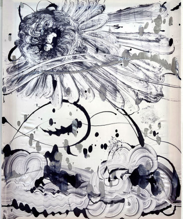 "Black Garden no. 8", 2021. 48"x36". Monotype: acrylic and mica pigment on Habotai silk, stretched on wood stretcher bars