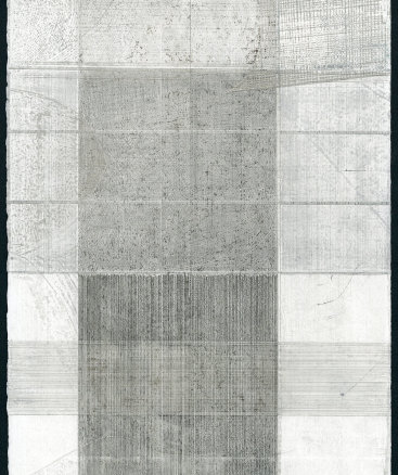 "Untitled I", 2015. Silver, copper and aluminum with sanding on prepared paper. 12” x 8 3⁄4”.