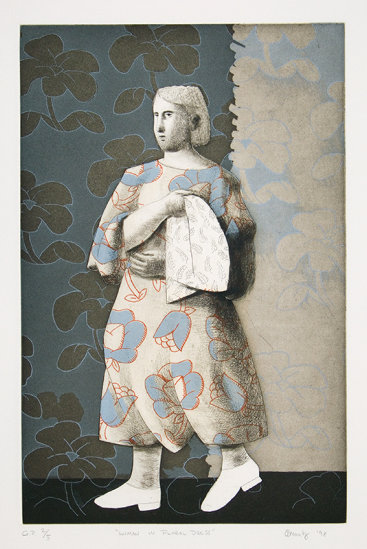 "Woman In Floral Dress", 1998. Size: 21" x 15". Etching, aquatint, drypoint. Edition of 20.