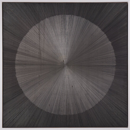 "Untitled II", 2018. Silverpoint on black gesso on panel. 30" x 30" x 3". Framed.